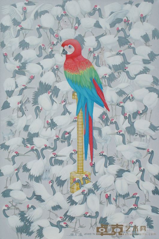 布面油画《九-鹦鹉百鹤图》（78x120cm）2012