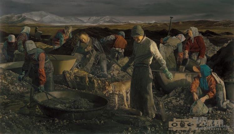 顾天龙《乌金淘客》  布面油画  160x280cm，2013-2014年