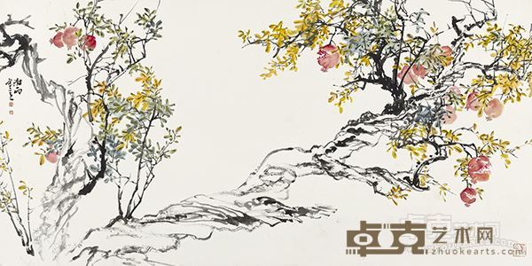 阴澍雨 榴光丹华 122×245 厘米 纸本设色 2016 年