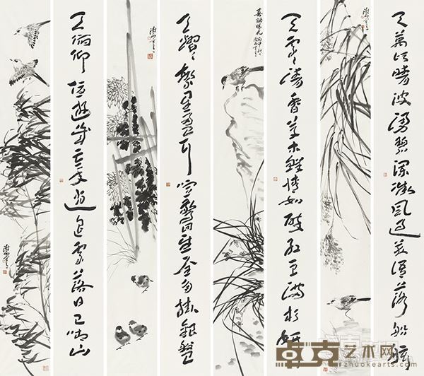 李一(书) 阴澍雨(画) 书画合璧八条屏 纸本水墨 180×24厘米×8 2016年