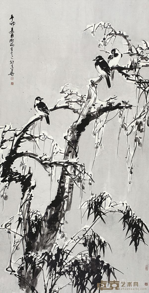阴澍雨  古木寒禽280×145cm纸本水墨2011年
