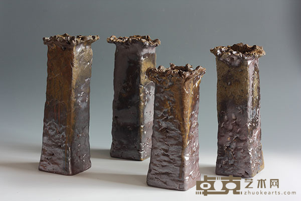 柴烧堆塑方花器10x10x32cm 虞健作品