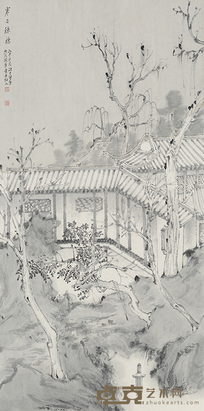 寒日疎林  2016纸本 33X66CM