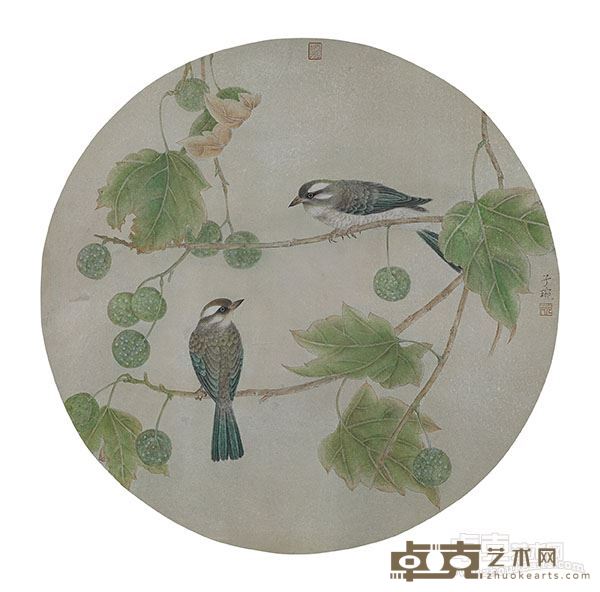 《梧桐双禽》44x42cm，2016年