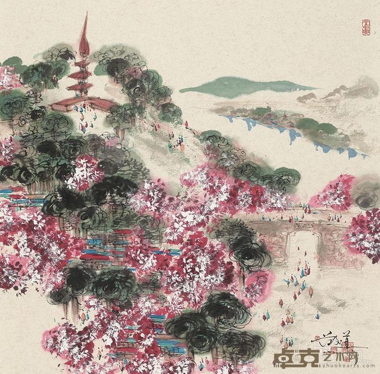 范文道--解放门春景，纸本设色，2017年，69x69cm