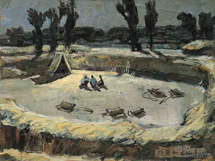 打麦场上色彩稿 张立国 纸板油画3039.7cm1964