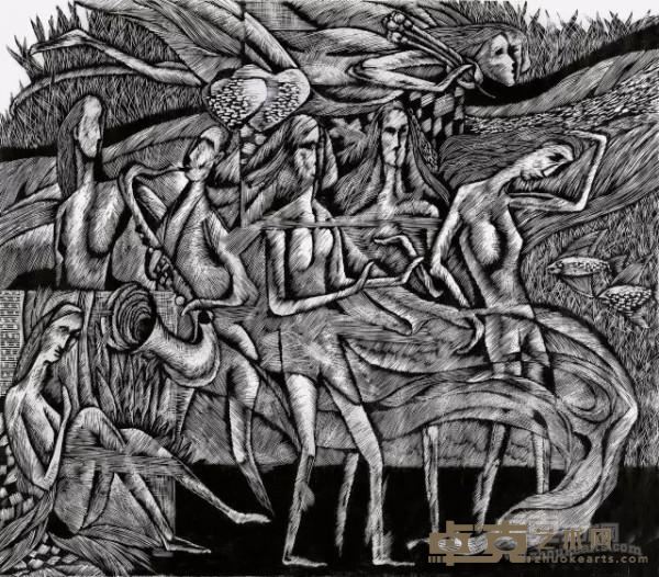 《婚礼进行曲》  邝明惠 61x70cm 2001年 黑白木刻