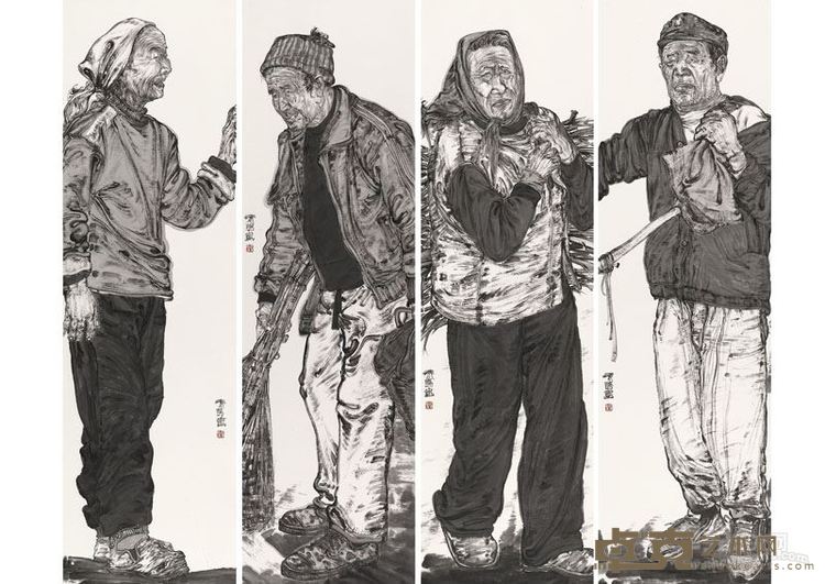 张腾  沂蒙老人组画 纸本水墨  227cmX65cmX4 2016