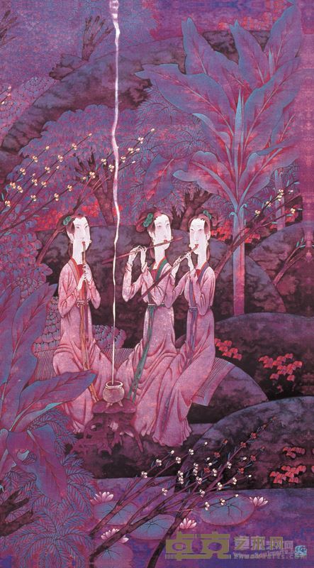 丝竹晚唱   73X105cm  纸本重彩工笔画  1995年