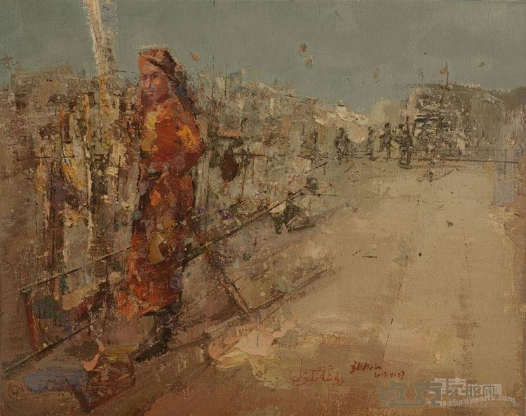 金色的阳光下茹仙古丽家迎来了广东援疆干部   布面油画  100x80cm  2017年