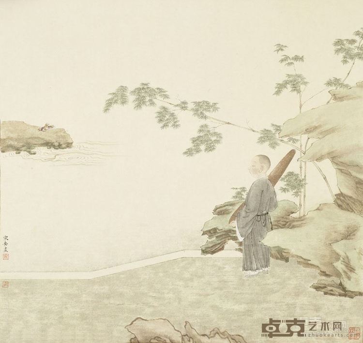 邓家安- 小僧携琴图 46x48.5cm 纸本设色 2017年