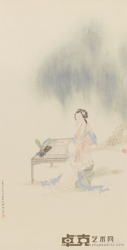 邓家安- 柳荫仕女图 69.5x33cm 纸本设色