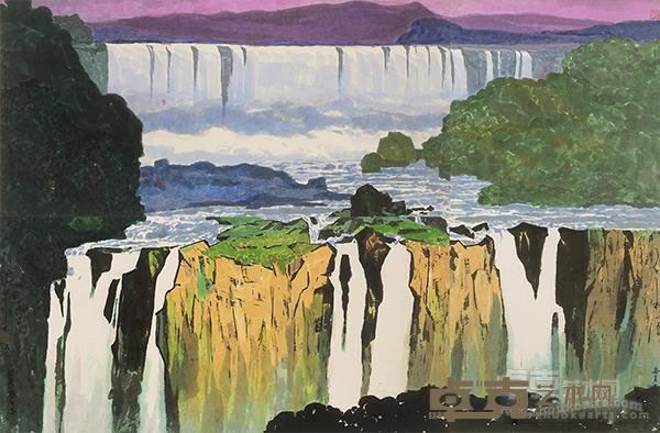 《南美大瀑布》组合画 马白水 122x183cm三拼 1982年 水彩