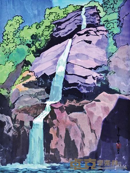 《大智瀑布》 马白水 61x46cm 1995年 彩墨