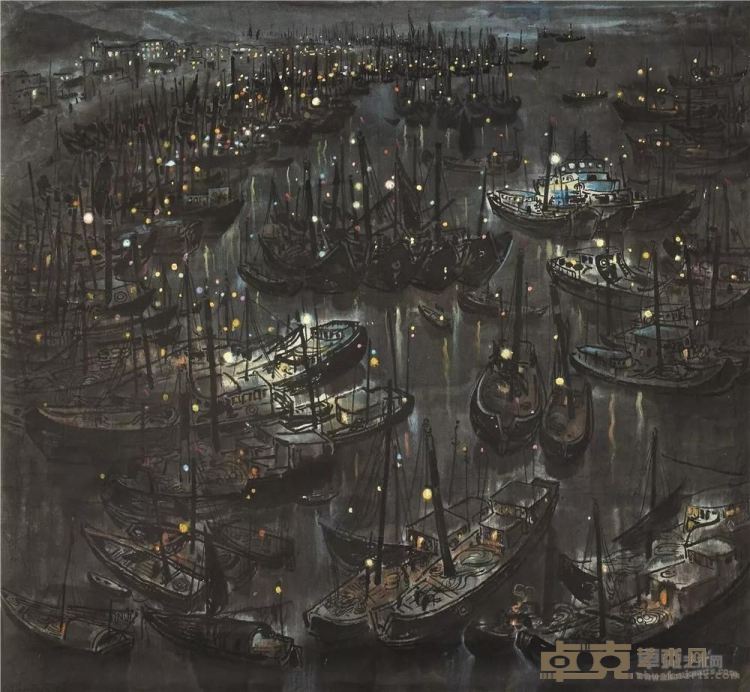 《渔港之夜》 钟蜀珩 97.5x105cm 1980年 纸本彩墨